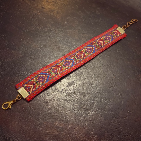 Colorful boho Embroidered fabric cuff bracelet - Picture 2 of 3